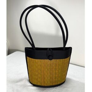 Woven Straw Bucket Bag Yellow‎ Green Striped Curved Tote Black Trim Shoulder Bag